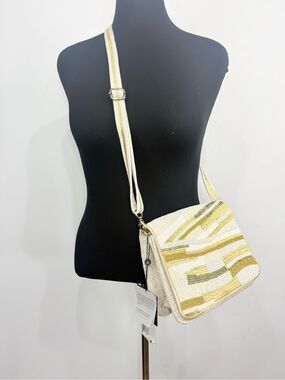 America & Beyond Metallic Gold White Beaded Woven Shoulder Crossbody Bag NEW